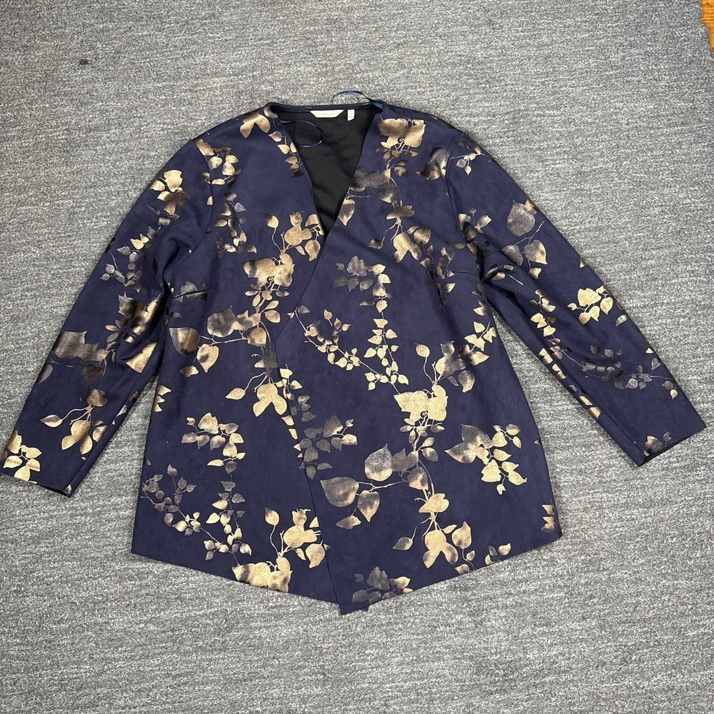 Soft Surroundings Samsara Jacket Women 2X Cardi Dark Blue Gold Leaf Faux Suede